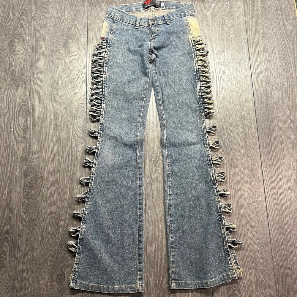 Samba Kay Y2K Low Rise Flare Jeans Side Loop Detail Blue Denim 24 x 30